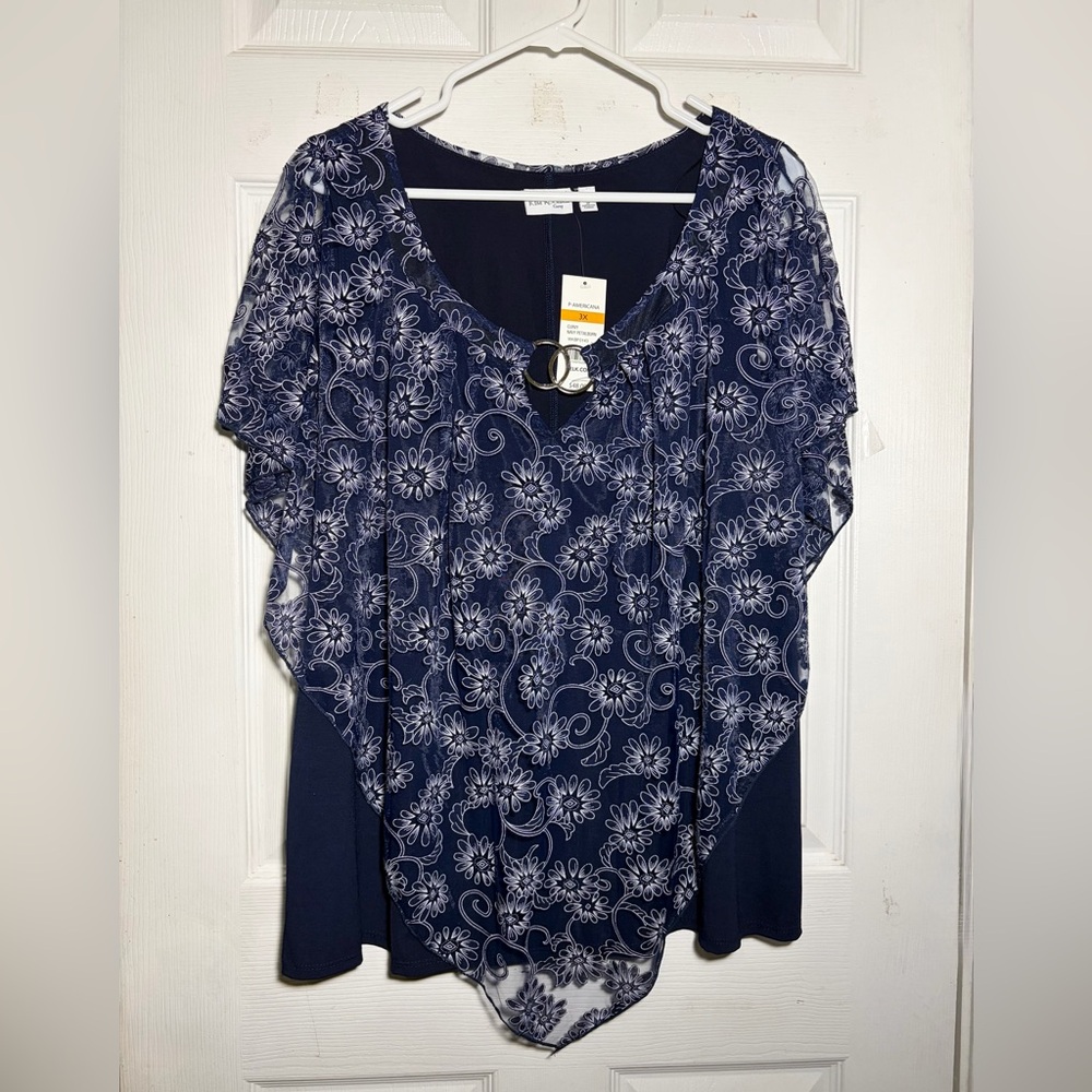 Kim Gogers Navy and White Floral Blouse‎ with sheer poncho Sz 3X